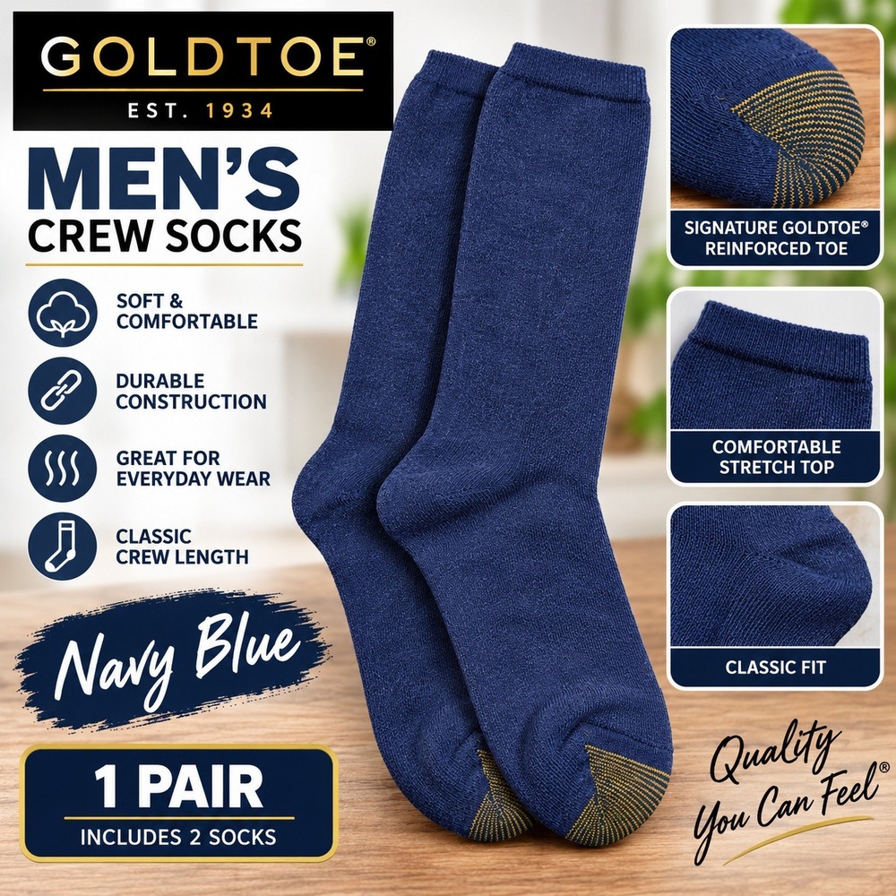Goldtoe Mens Crew Socks Navy Blue Signature Gold Reinforced Toe 1 Pair
